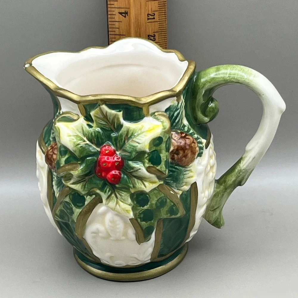 Cosmos Gifts Christmas‎ Holly Berry Pinecone Ceramic Pitcher Gold Trim 3.5